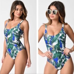 Unique Vintage Blue and Green Tropical One Piece Swimsuit
